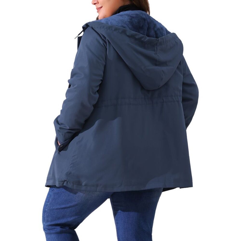 Plus Size Rain Waterproof Fleece Lined Hooded Windbreaker Coat Navy Blue - Picture 4 of 6